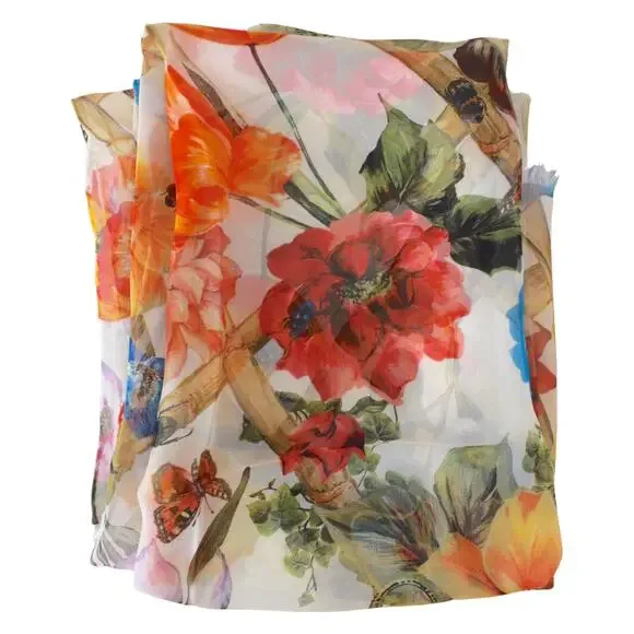 Dolce & Gabbana Floral Printed luxury lightweight silk scarf Shawl Orange Multi - Picture 8 of 9